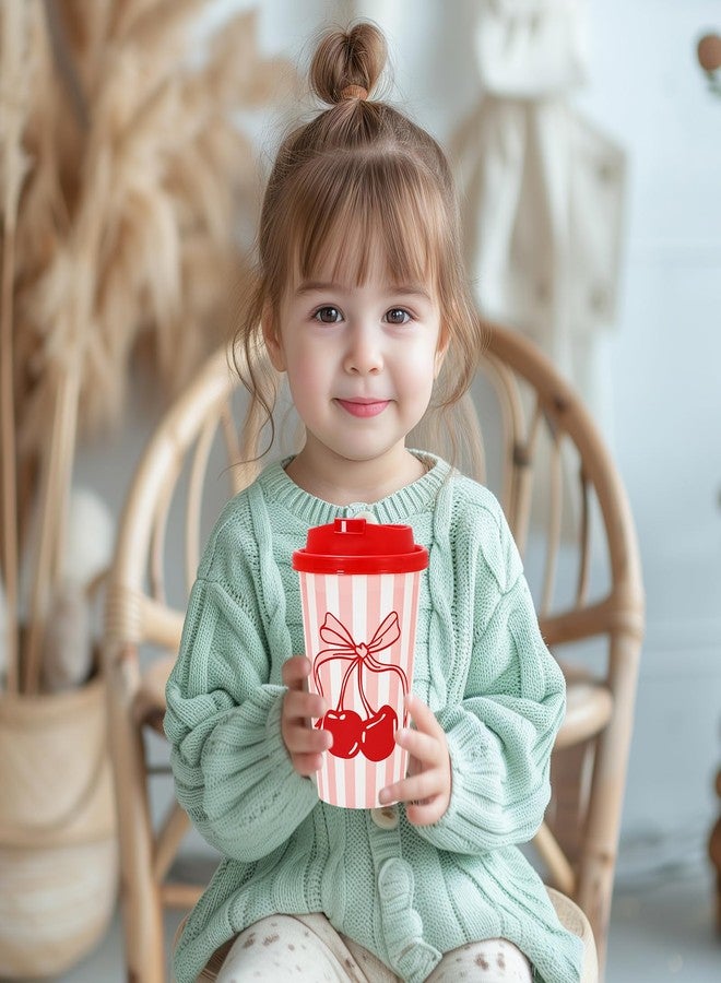 JarThenaAMCS 50 Set Coquette Cherry Disposable Coffee Cups with Lids 16oz Pink Bow Cherry Paper Drinking Cup Striped Paper Cup for Birthday Wedding Baby Shower Bachelorette Party Supplies - Image 5